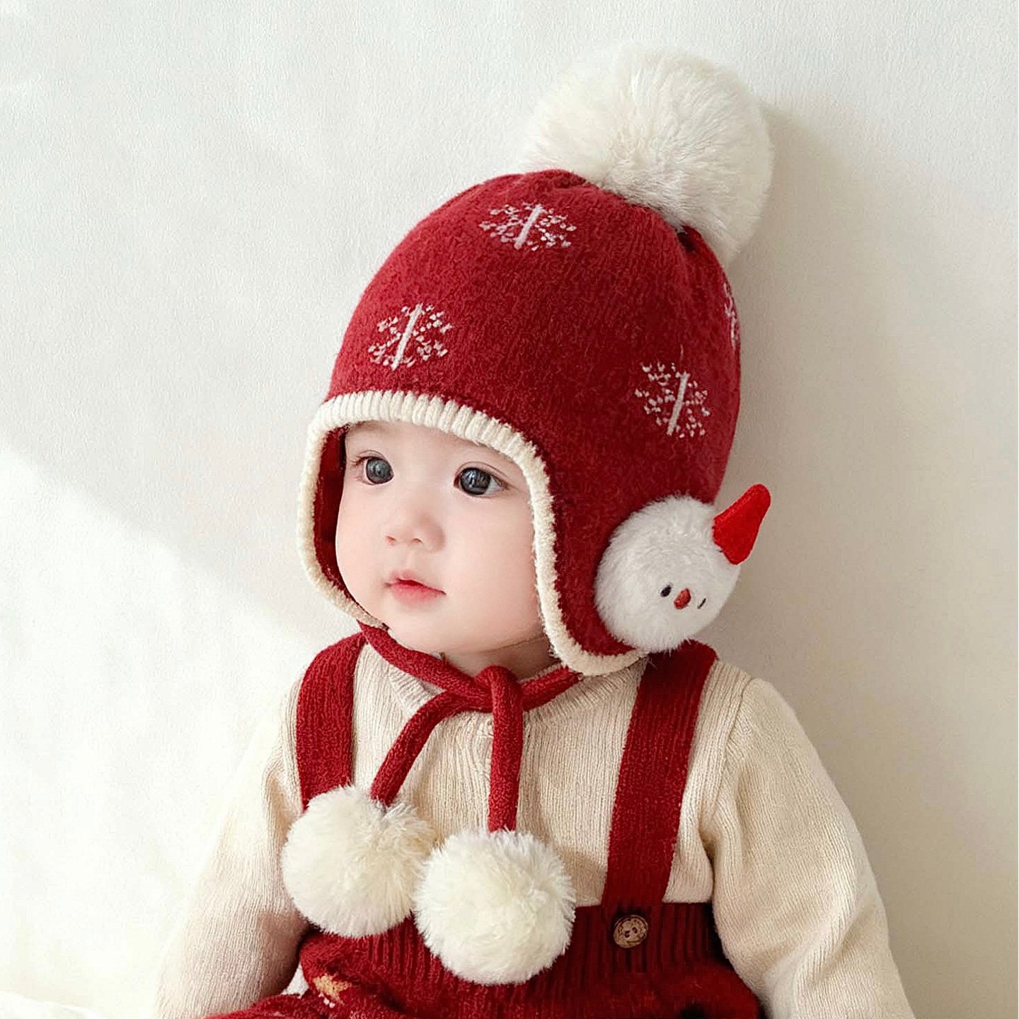 婴儿帽子秋冬季可爱护耳帽男童女宝毛线帽保暖新年红色喜庆套头帽