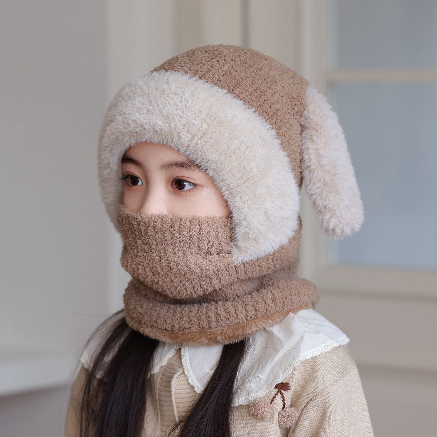 宝宝帽子围脖口罩一体秋冬季儿童防风针织毛绒帽保暖男女童护耳帽