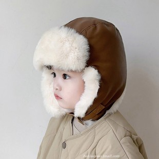 宝宝帽子冬季儿童加绒加厚皮质雷锋帽男童护耳防风保暖防寒帽亲子