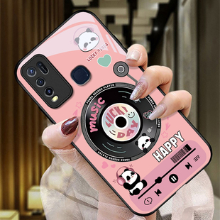 适用vivoY50手机壳V1965A的熊猫唱片手机套Y50新款玻璃vivo保护套防摔软壳硅胶男女款网红可爱情侣卡通超薄全