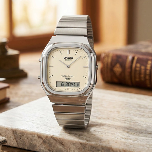 CASIO卡西欧复古小方表双显不锈钢表带轻薄百搭女表AQ-240E-7A2