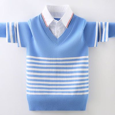 男童毛衣假两件2025春秋新款中大童V领衬衫领套头薄款针织打底衫