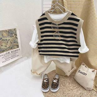 文艺森系韩版男女童条纹针织马甲儿童圆领套头背心毛衣2025春秋季