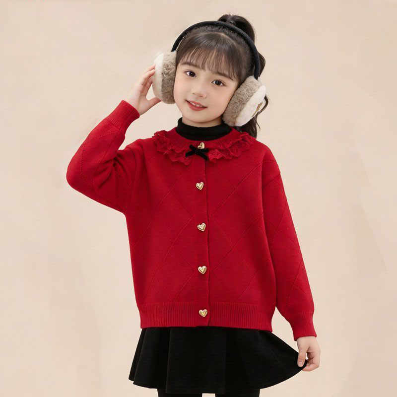 女童针织开衫毛衣外套2026新款儿童羊毛混纺韩版女孩红色上衣