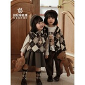 背带裙 新款 女童复古学院风菱格针织毛衣开衫 小熊马甲背心秋季