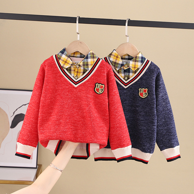 新款一体加绒领假两件男孩针织衫