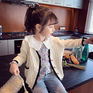 女童针织开衫春装2023新款儿童韩版V领毛衣外套女孩洋气网红上衣