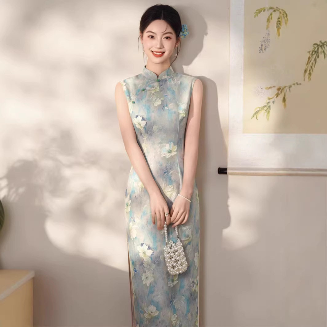 2026春夏新款旗袍仿丝麻无袖长款低开叉修身印花复古文艺旗袍现货