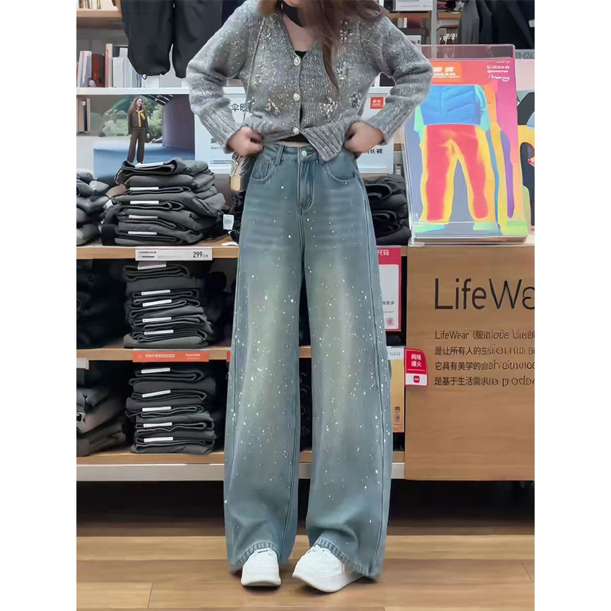 大码复古烫钻牛仔裤女夏季胖mm梨型身材宽松高腰显瘦直筒阔腿裤子