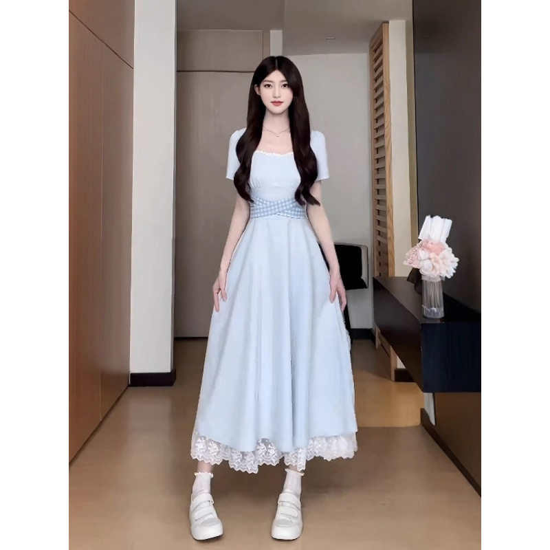 大码女装欧若风蓝色掐腰裙子夏季新款长裙胖mm修身遮胯显瘦