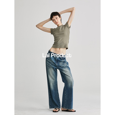 Lal product｜春夏复古蓝立体压褶猫须水洗牛仔裤女直筒长裤