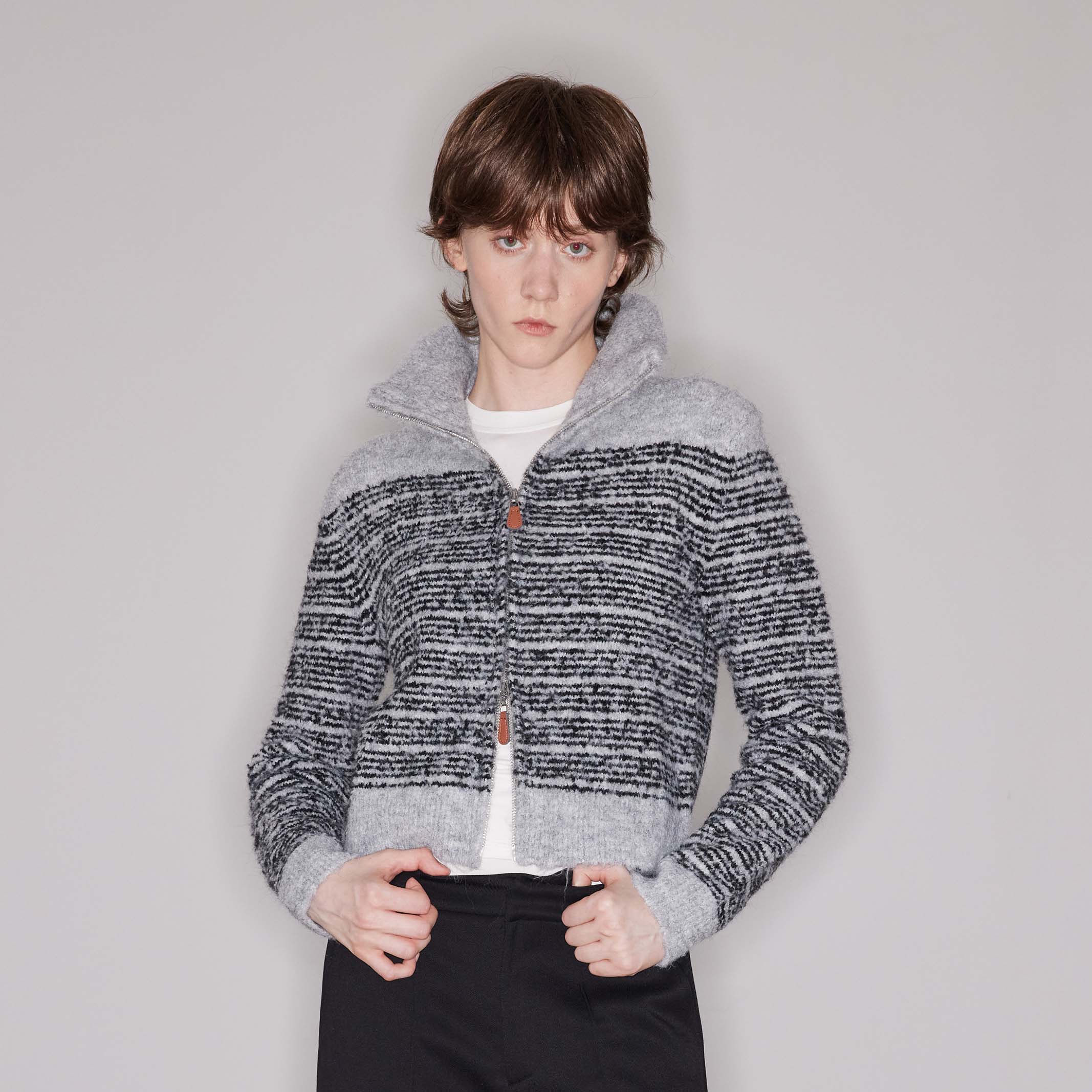 条纹双拉链软糯羊毛高领开衫毛衣