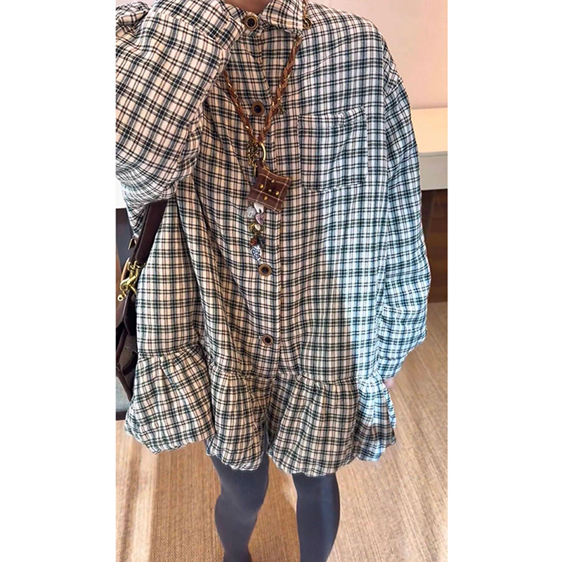 格子阔版型翻领单排扣加棉衬衫裙