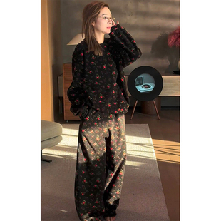 上衣长裤 欧洲站2025秋季 显瘦简约松弛感长袖 时尚 小碎花两件套 新款