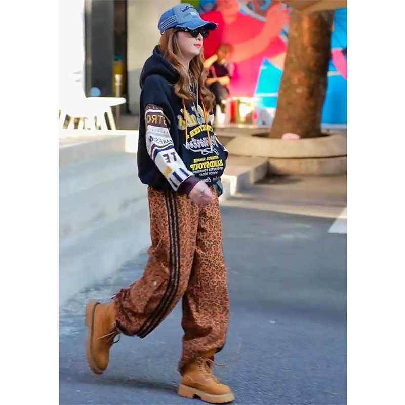 加绒连帽印花卫衣高腰长裤套装