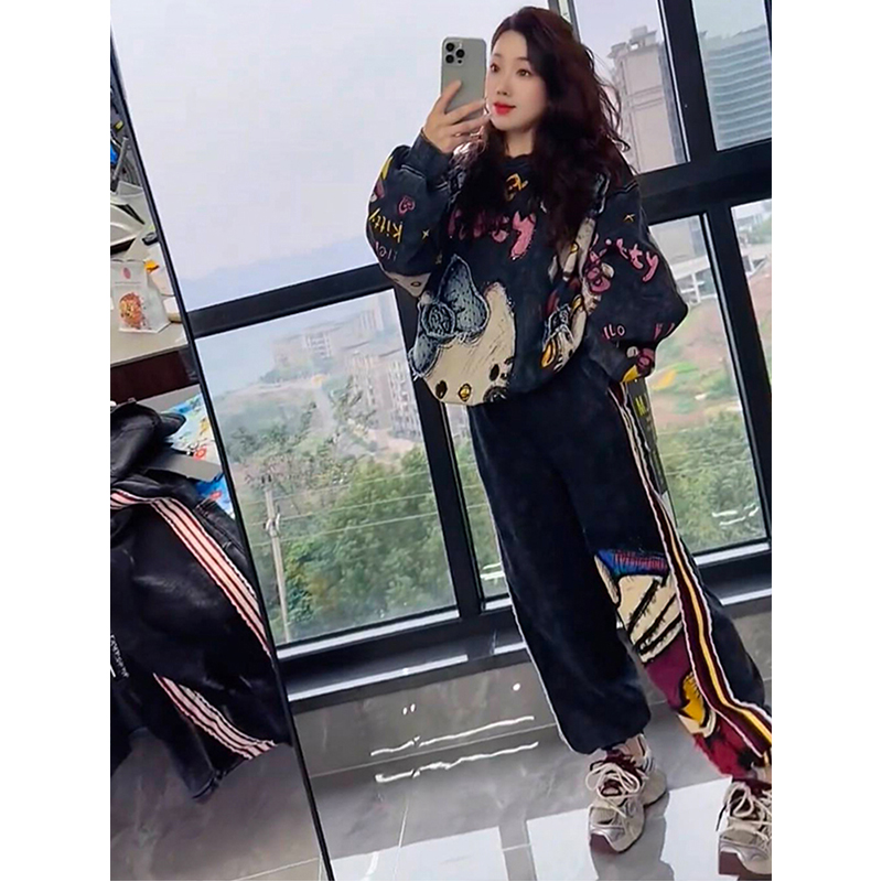 卡通印花卫衣高腰裤子加绒两件套