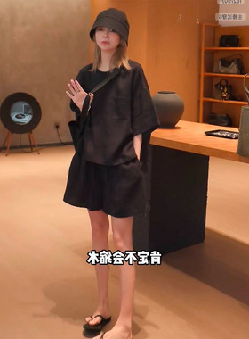 百搭七分袖套头上衣短裤麻料套装