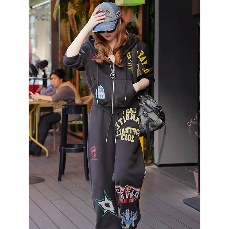 美式印花连帽卫衣加绒裤加厚套装