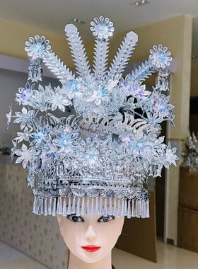 苗族头饰头戴儿童苗银帽子广西贵州少数民族蓝色银色新款小孩包邮