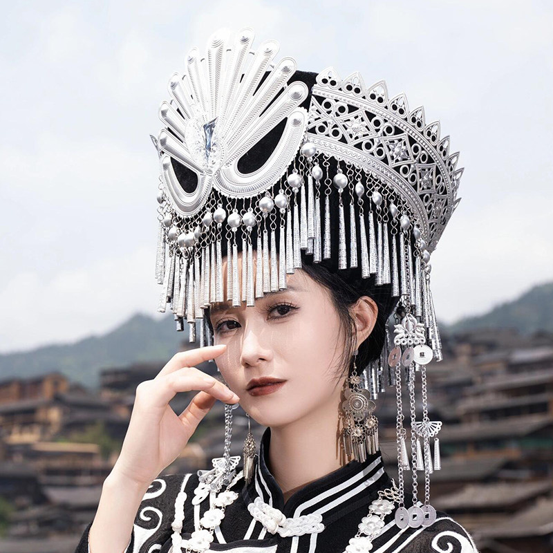 云南彝族帽头饰少数民族银饰头冠大凉山彝族银帽子旅拍写真特色帽