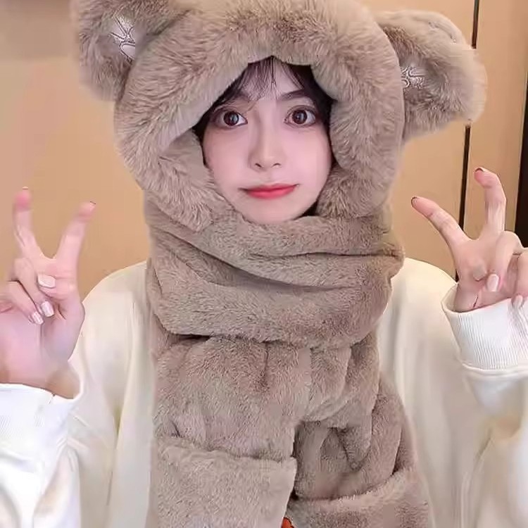 小熊帽子女冬款三件套冬天可爱