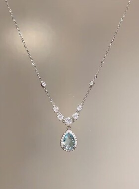 人鱼之泪蓝锆水滴吊坠项链女款ins轻奢小众高级感气质颈链锁骨链