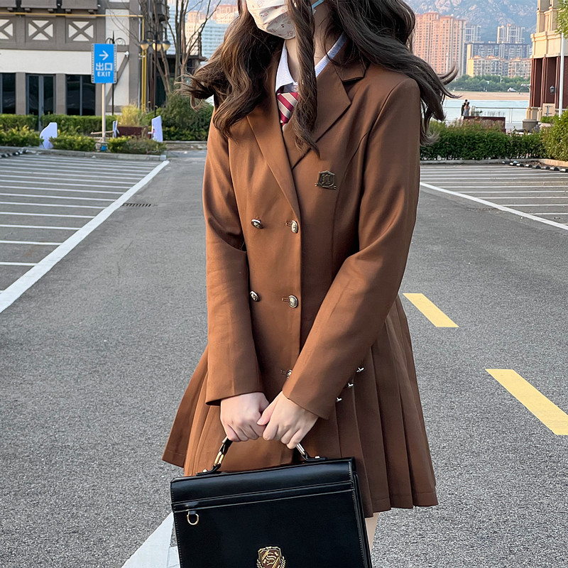 黑羽绫一 学院风双排扣收腰西装连衣裙裙外套显瘦百褶裙棕色