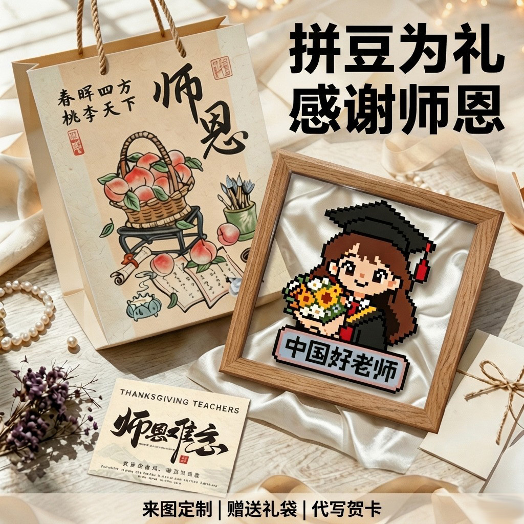 教师节礼物送男女老师拼豆成品照片来图定制设计卡通人物手工相框图片