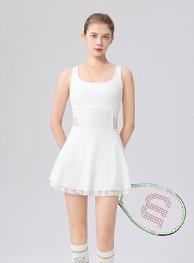 Tennisgirl白色无袖网球裙女 蕾丝拼接收腰运动连衣裙 速干防走光