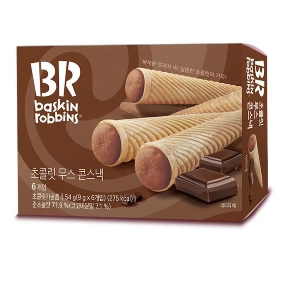 韩国进口BR芭斯罗缤草莓味巧克力味甜筒形饼干夹心饼干54g