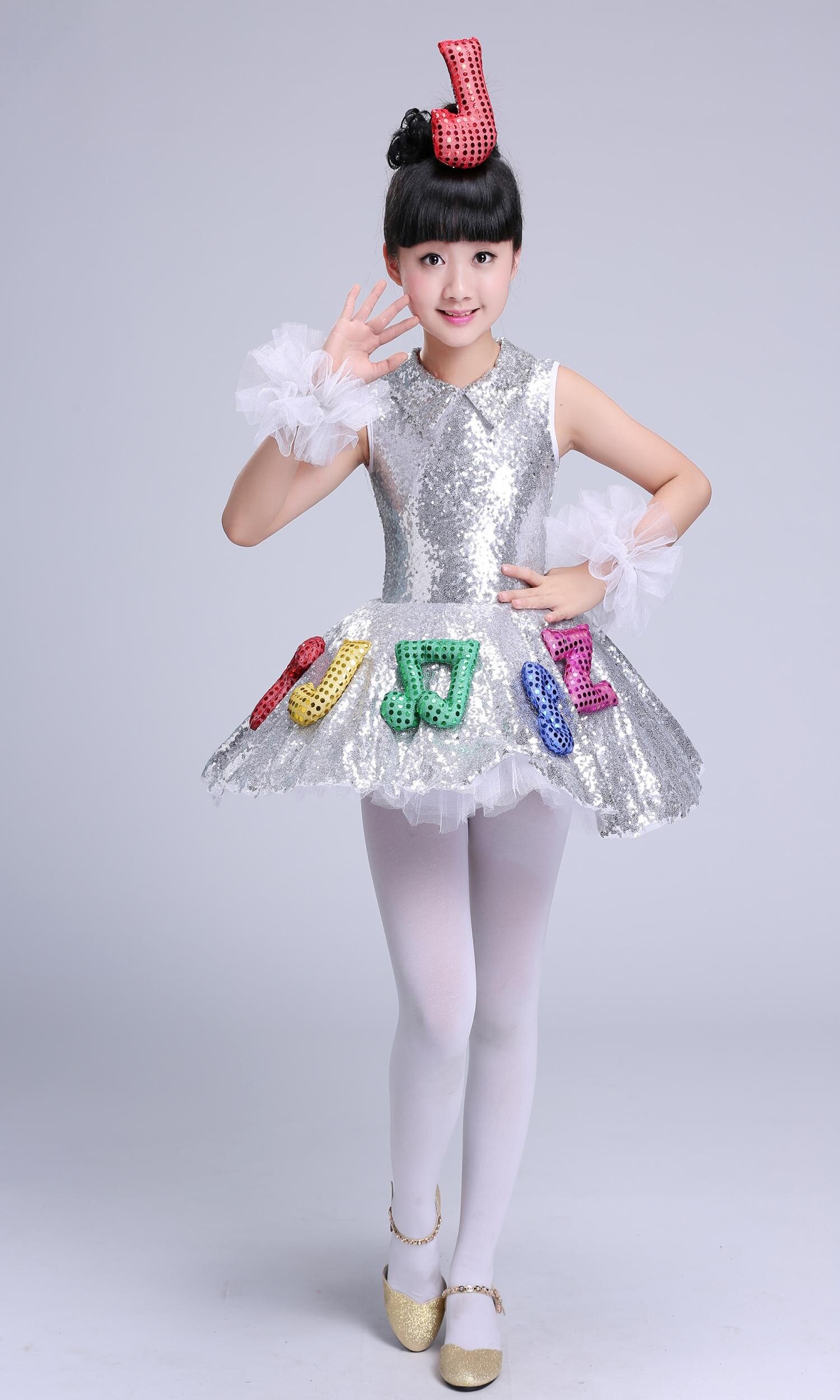 正品儿童舞蹈服白色演出服音符舞台表演服蓬蓬亮片纱裙快乐的音乐