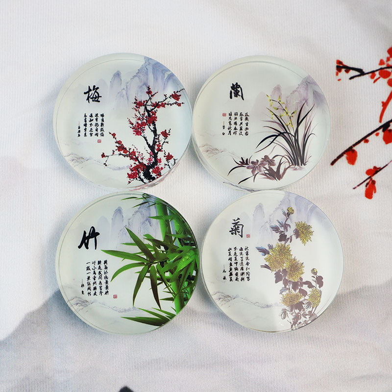 梅兰竹菊水晶圆形玻璃镇纸礼品图片
