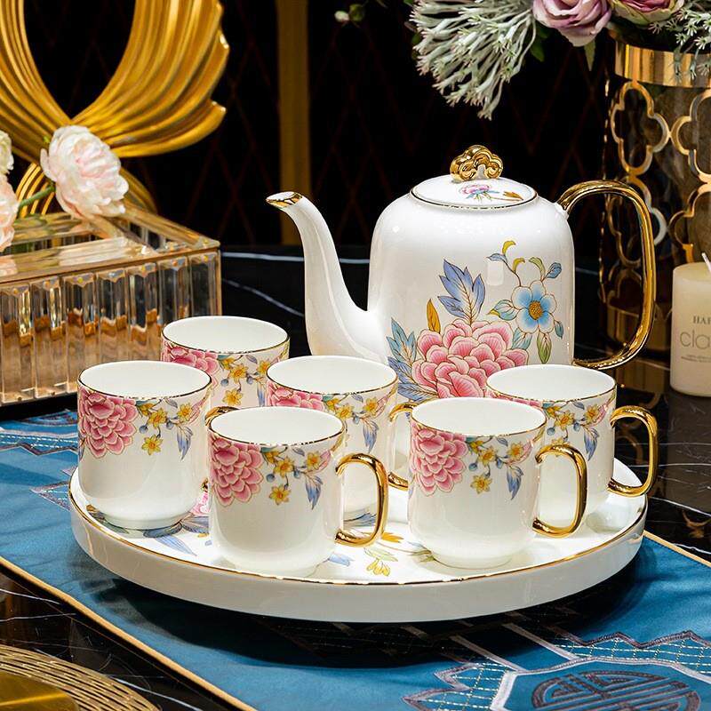 陶瓷茶杯托盘高颜值水杯套装8件套景德镇轻奢风中式骨瓷杯具一套