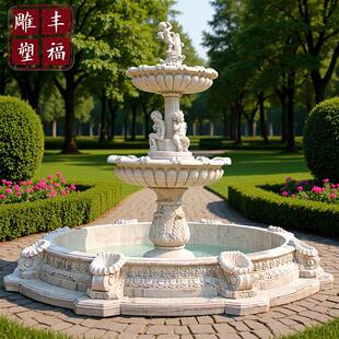 欧式石雕人物景观喷泉 西方小天使花园大理石喷泉 汉白玉雕塑喷泉