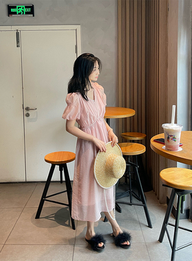 NANA夏季上新女法式连衣裙V领褶皱优雅珍珠中长裙DQ230712LY2JX