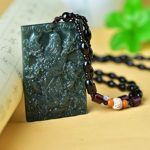 天然和田玉青玉九龙关公吊坠双面雕刻忠义千秋保平安细料挂件玉佩