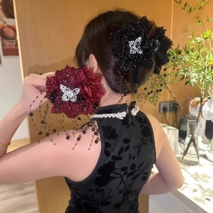 秋冬花朵羽毛流苏抓夹女发夹后脑勺显发量多鲨鱼夹发卡头花发饰品