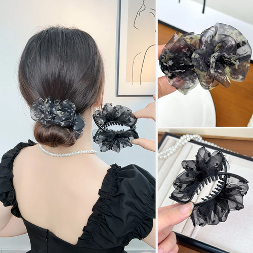 云朵泡泡褶皱碎花丸子头抓夹女2025新款高级感后脑勺马尾发夹头饰
