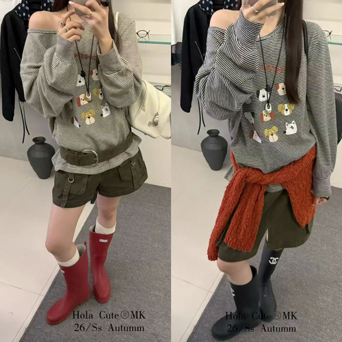 Hola韩版慵懒风卡通印花斜肩条纹长袖T恤女宽松百搭上衣打底衫