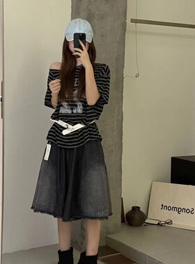 IFYOU8553#慵懒风条纹T恤女短袖小众别致斜肩宽松上衣