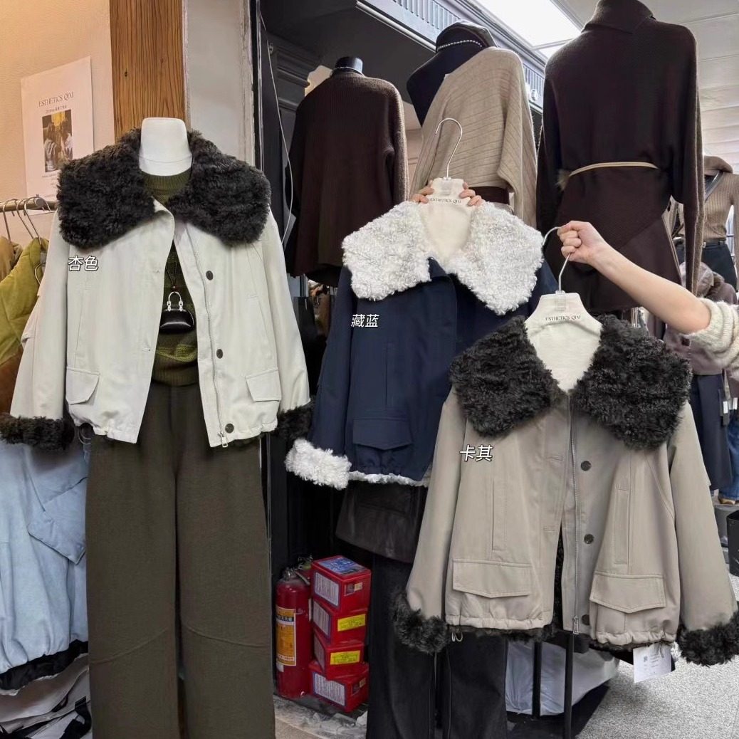 QIXI柒熹原创韩系大毛领拼接百搭短外套机车服加厚夹克羊羔毛外套