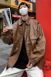 棕色复古机车皮衣夹克男春季美式潮牌高级感宽松痞帅翻领外套A70图片