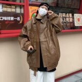 棕色复古机车皮衣夹克男春季美式潮牌高级感宽松痞帅翻领外套A70，男装夹克，星座603-2