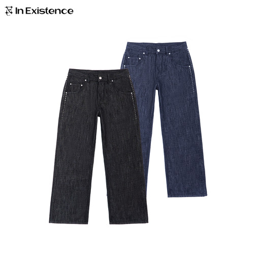 IN EXISTENCE 存世26SS 定织桑蚕丝长绒棉合身直筒铆钉原色牛仔裤