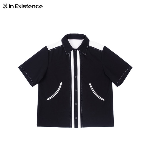 【年终福利】IN EXISTENCE存世 黑白拼色珠边拼皮短袖衬衫