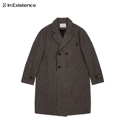 IN EXISTENCE存世 24FW垫肩枪驳领不规则缝线斜纹双排扣羊毛大衣