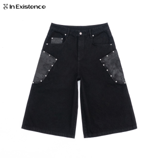 IN EXISTENCE26SS 拼皮铆钉水洗涂层刺绣七分牛仔裤