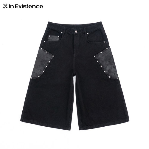 IN EXISTENCE26SS 拼皮铆钉水洗涂层刺绣七分牛仔裤