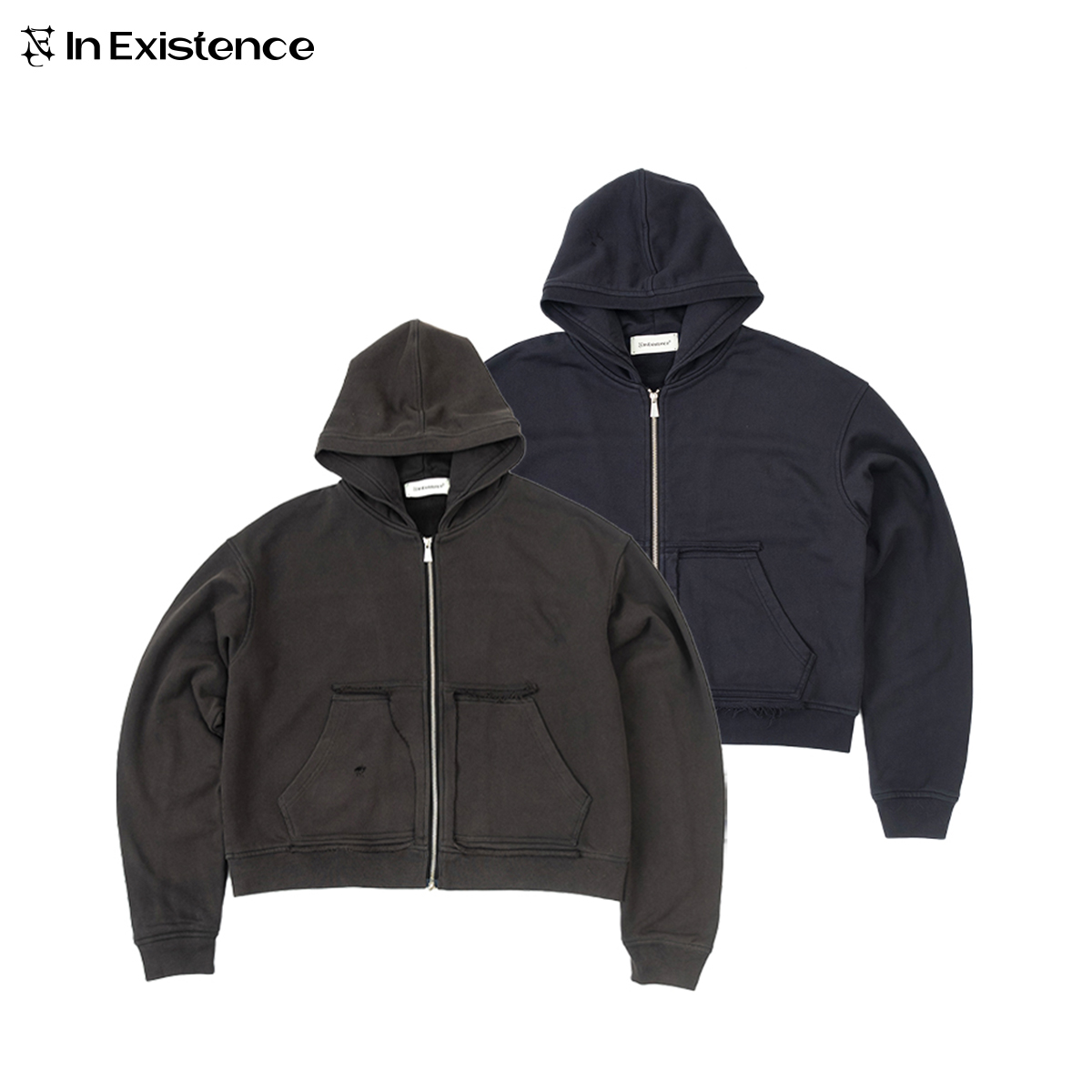 IN EXISTENCE存世25ss解构破坏双层贴袋短款拉链水洗卫衣帽衫