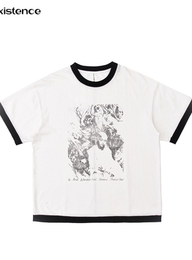 IN EXISTENCE存世25ss 「三法则」黑白拼色特种机印花单缝线短袖